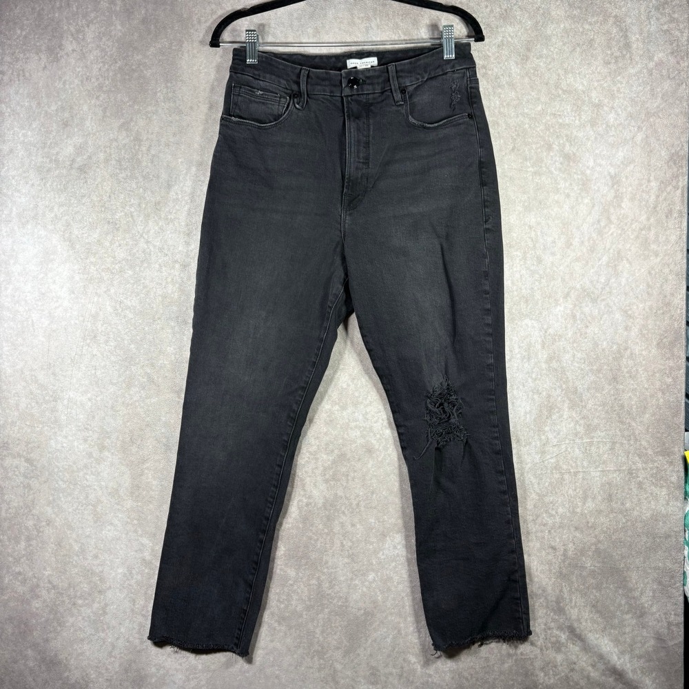 Good American Jeans Womens 10/30 Black Distressed High Rise Straight Stretch